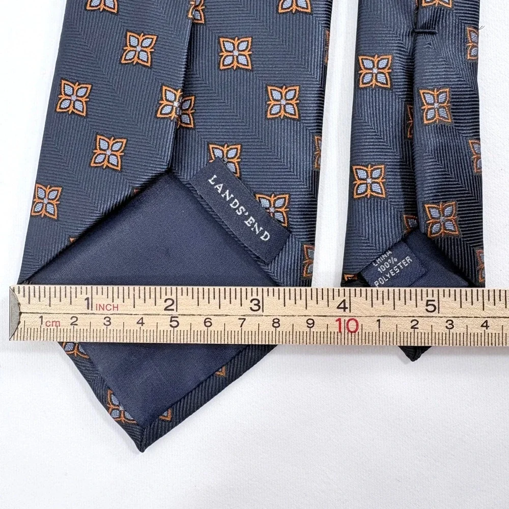 Lands' End Necktie Navy Blue Orange Geometric Medallion Herringbone Polyeser Tie